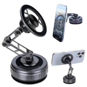 Upgraded Magnetic Vacuum Phone Mount (360° Adjustable Arm) Black & Silver